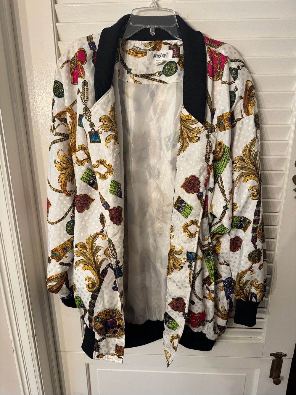 Mighty White Satin Bomber Jacket with Gold Baroque & Multi Jewel Print